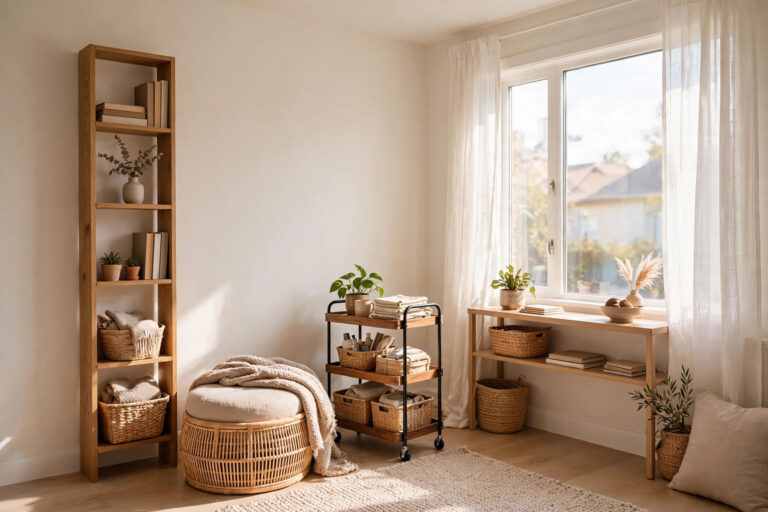 Small apartment storage ideas - bright living room with vertical shelving and storage ottoman