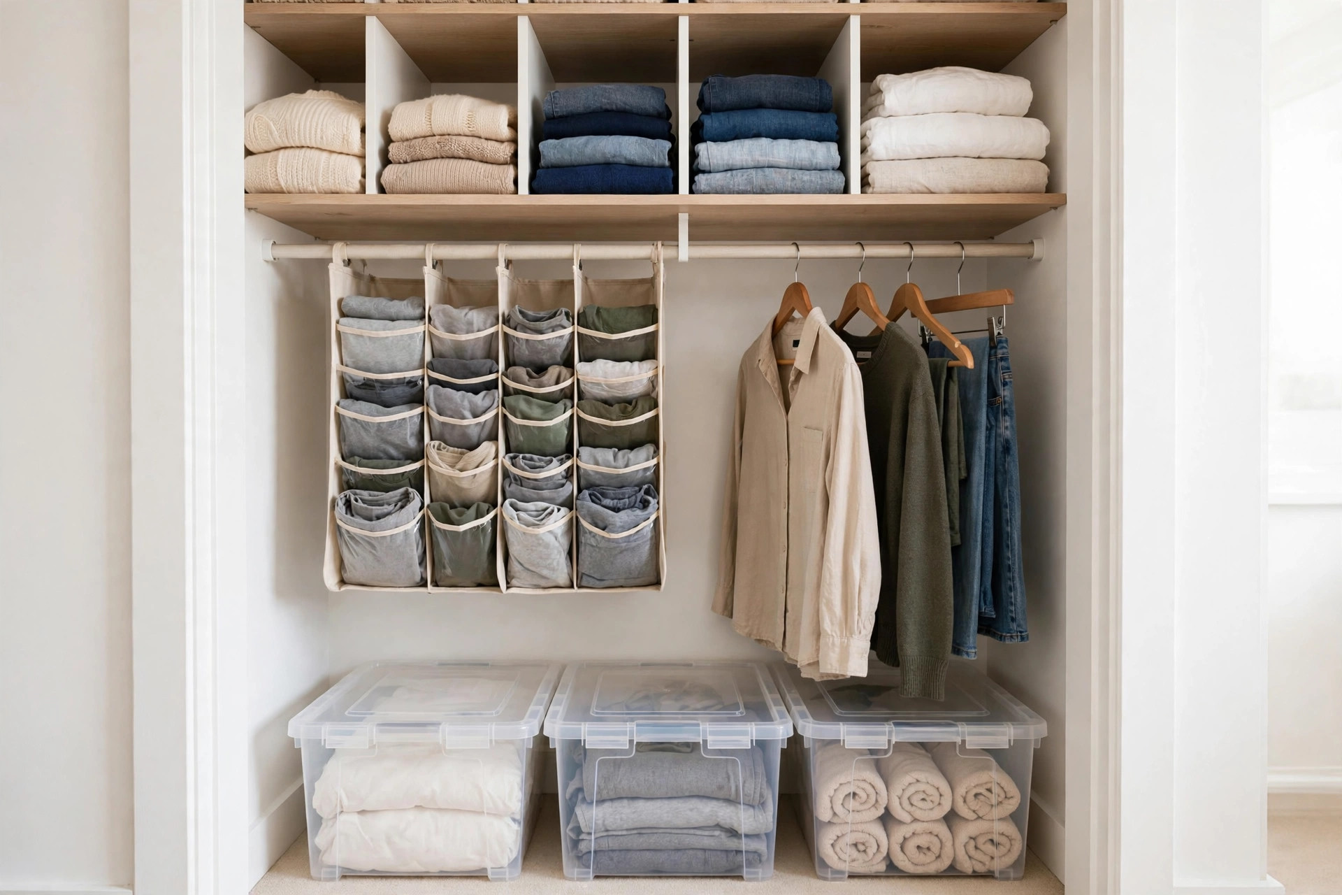 Under-bed storage bins and organized small closet
