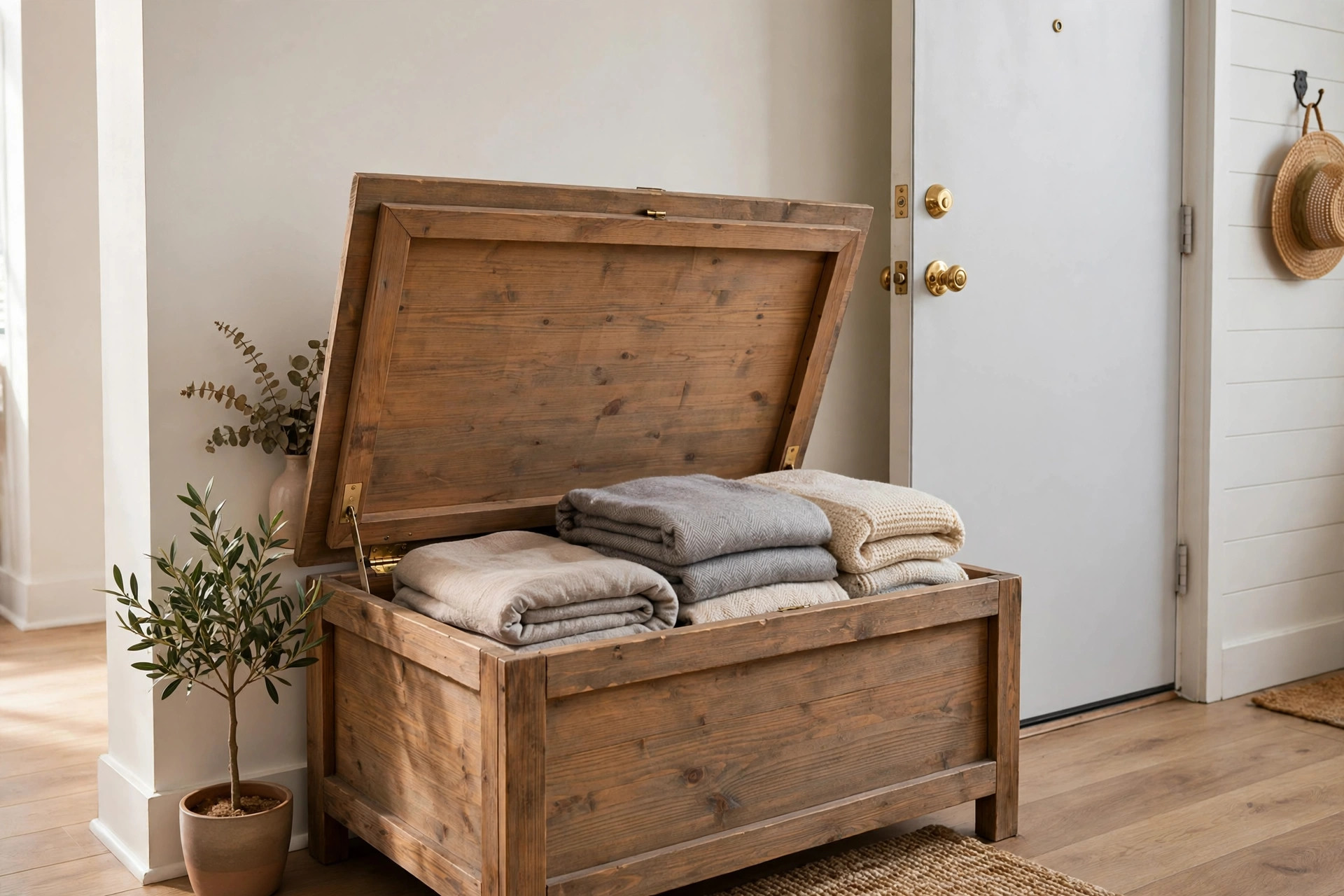 Storage bench with open lid by an apartment entryway