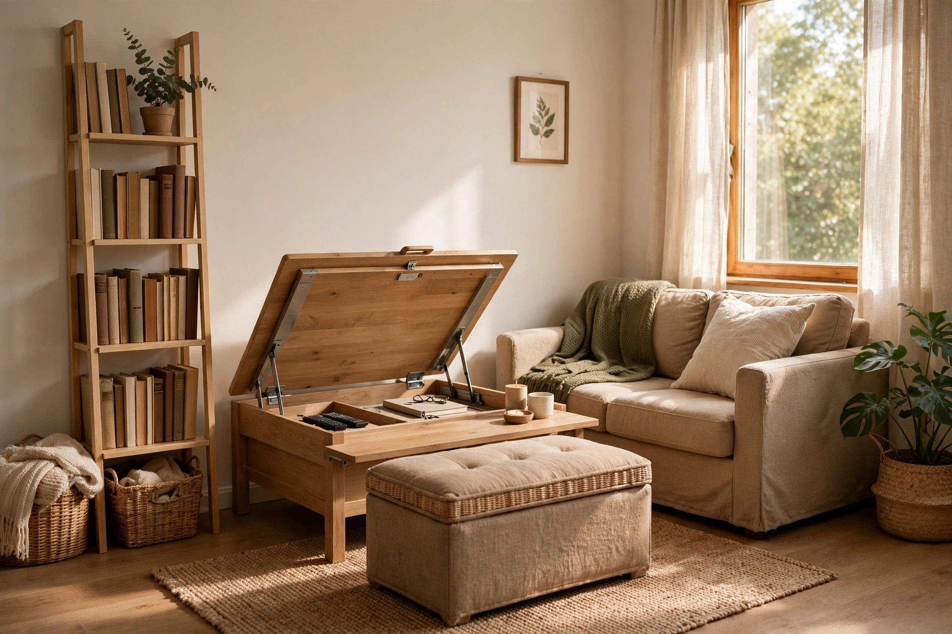 Storage ottoman and lift-top coffee table in a small apartment living room