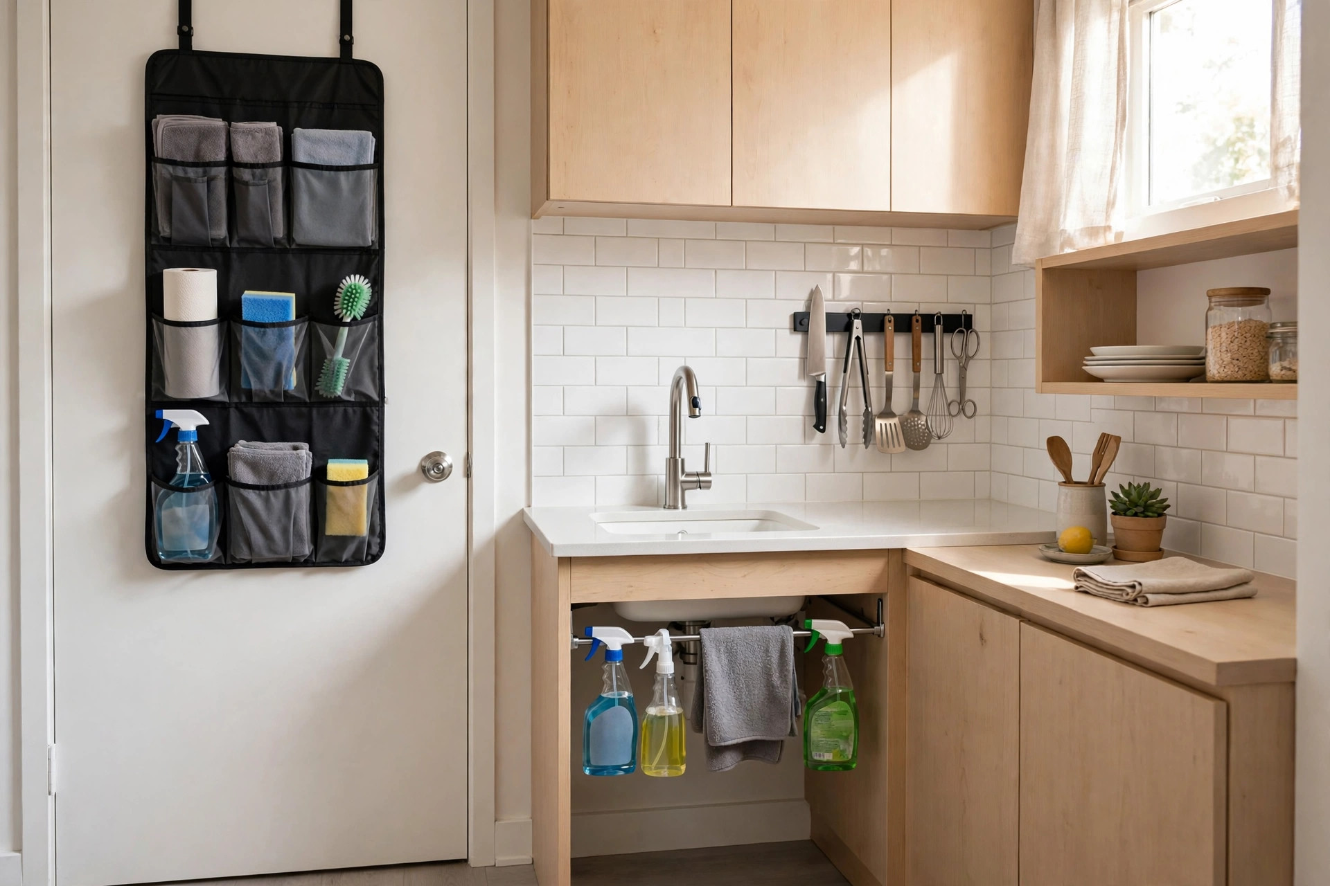 Over-door organizer and tension rod kitchen storage for small apartments