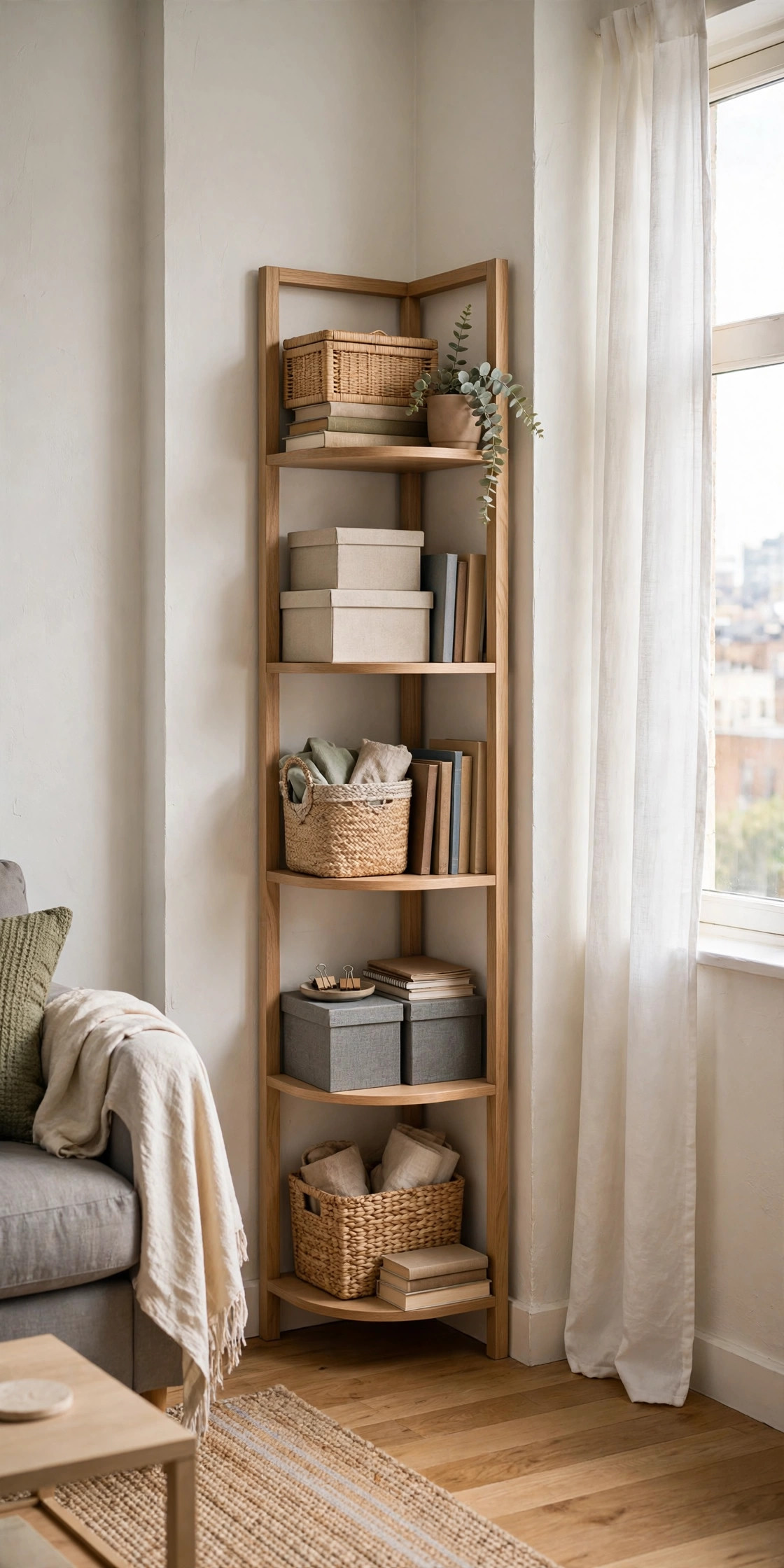 Tall vertical tower shelf using a dead corner in a small apartment living room