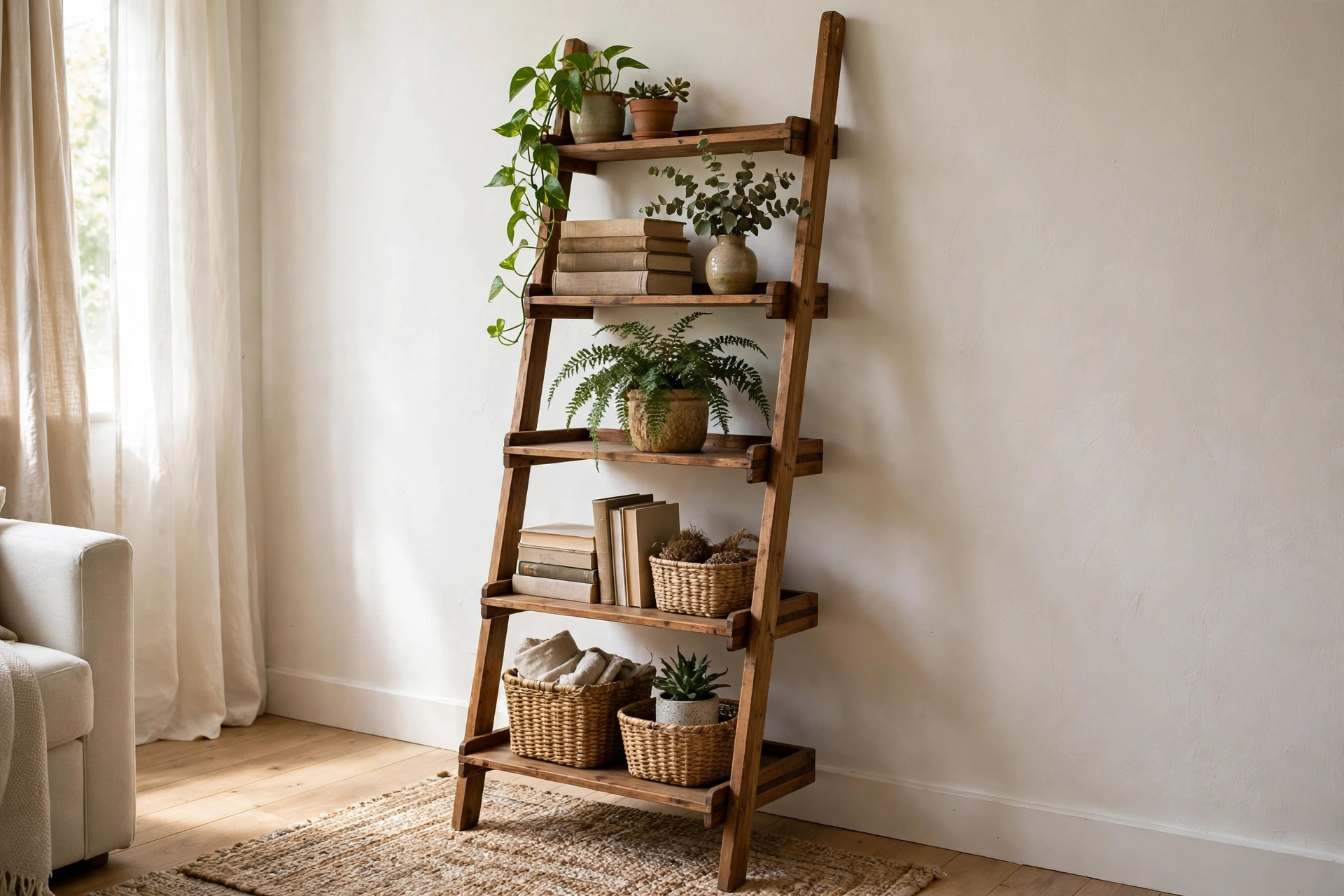 Leaning ladder shelf with no wall mounting in a small rental apartment