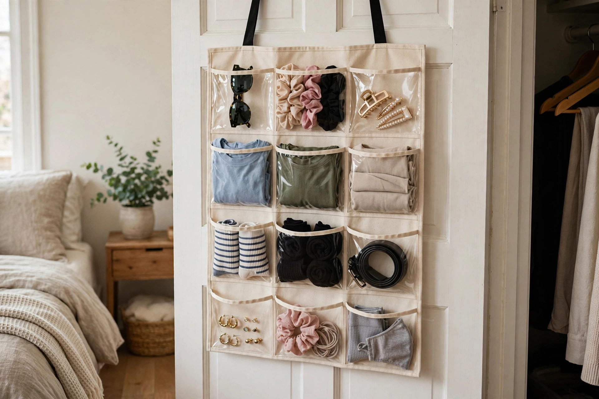 Over-the-door organizer on a bedroom closet door for small apartment storage