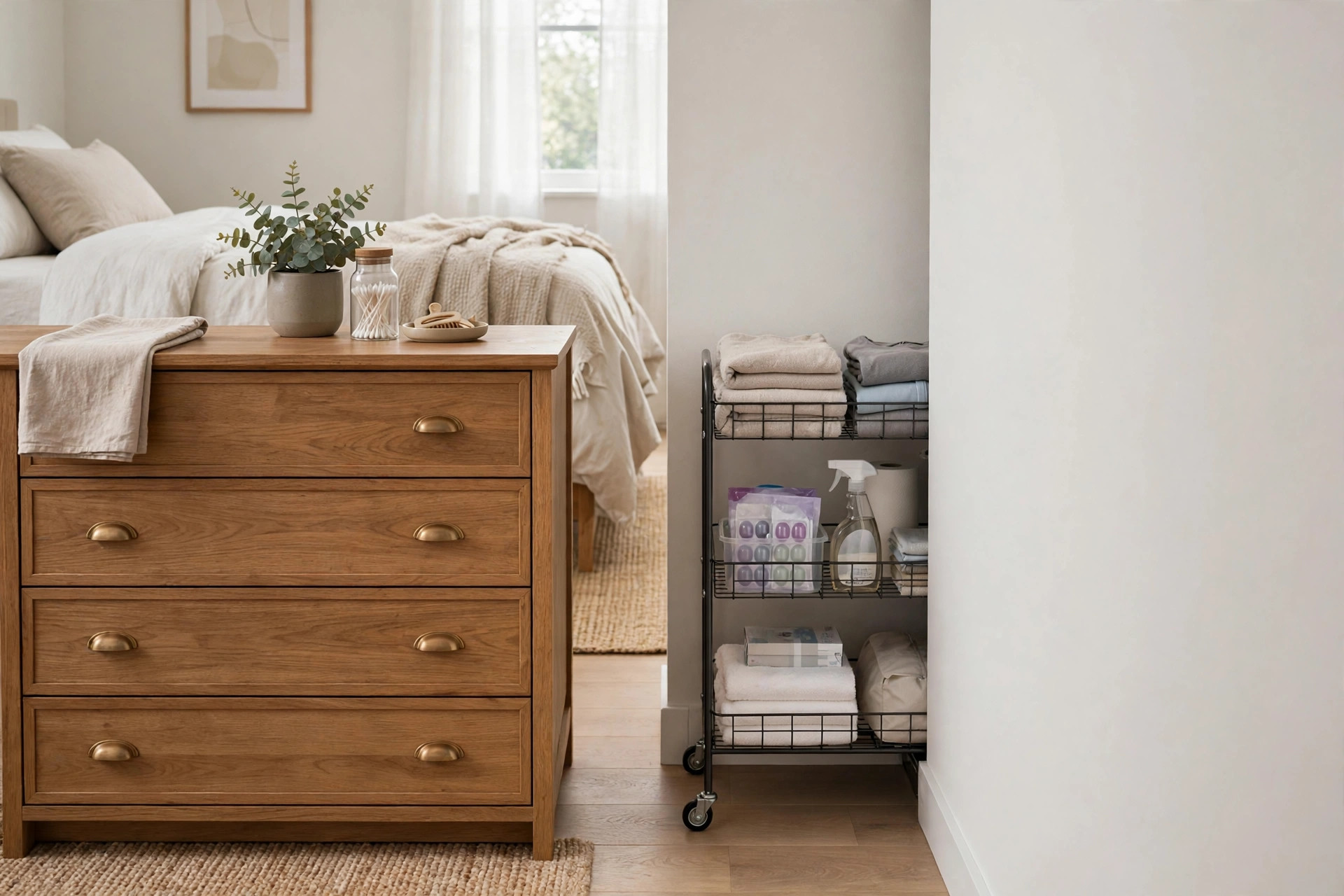 Narrow rolling cart filling a small gap between bedroom furniture