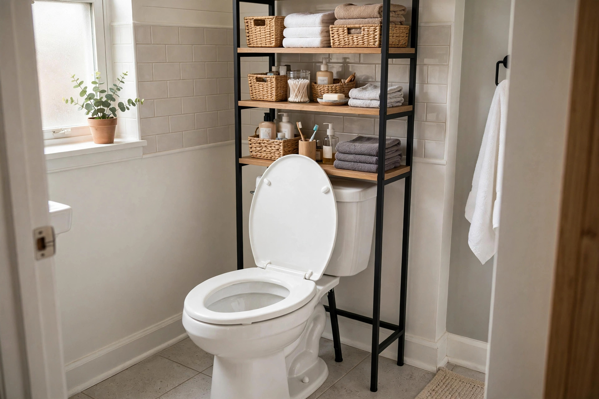 Freestanding over-the-toilet storage shelf in a small apartment bathroom