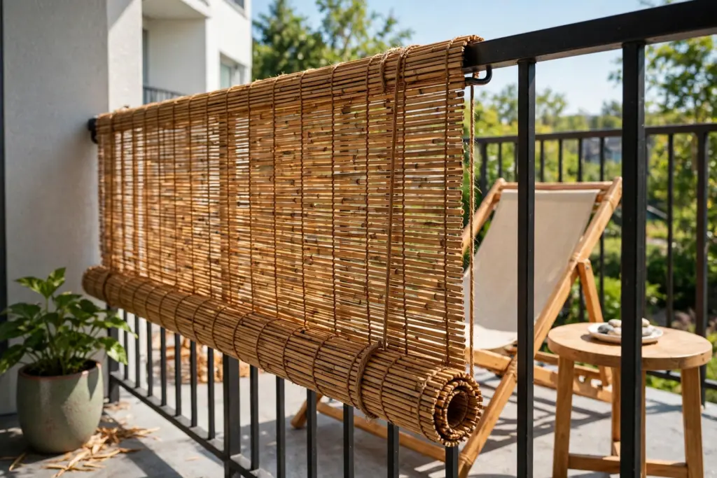 Natural bamboo reed roll screen tied to an apartment balcony railing — apartment balcony privacy ideas with natural texture