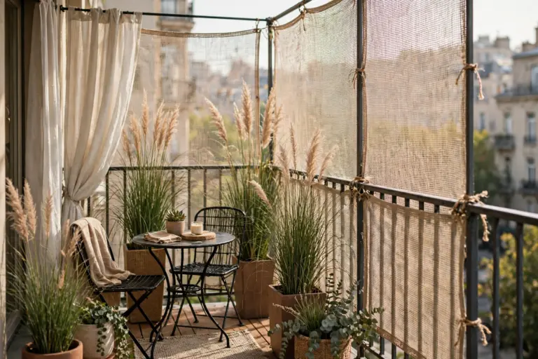 Cozy small apartment balcony with mesh railing screen, outdoor curtain and tall planters — apartment balcony privacy ideas that are renter-friendly