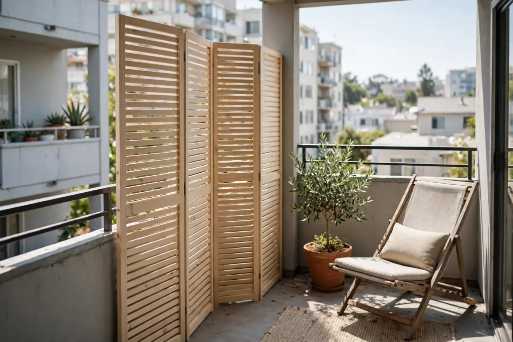 Freestanding slatted folding screen on the side of an apartment balcony — apartment balcony privacy ideas with no attachments
