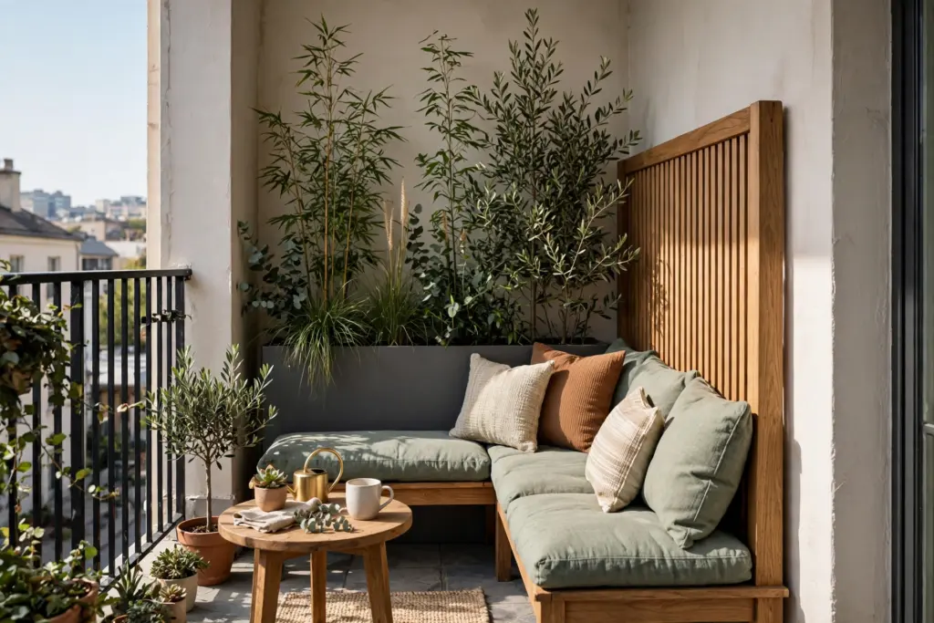 Corner balcony seating with a high-back bench and tall planter behind it — apartment balcony privacy ideas using layout
