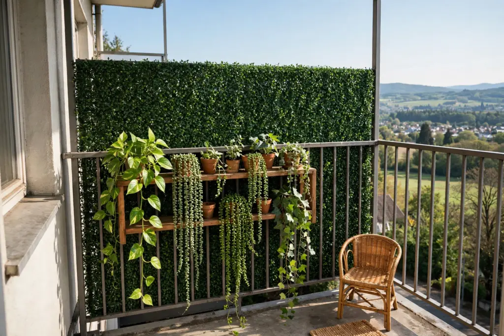 Layered balcony privacy with a faux hedge panel behind a plant shelf of trailing plants — apartment balcony privacy ideas that keep light and airflow