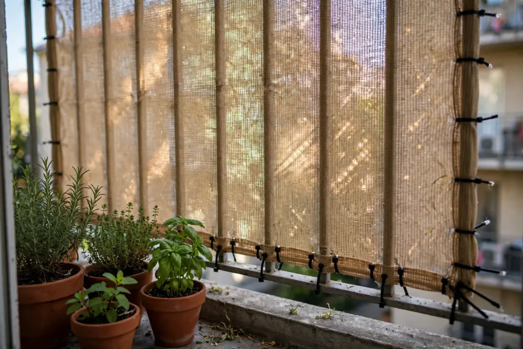 Breathable mesh railing screen tied to a balcony railing with potted herbs inside — apartment balcony privacy ideas with no drilling