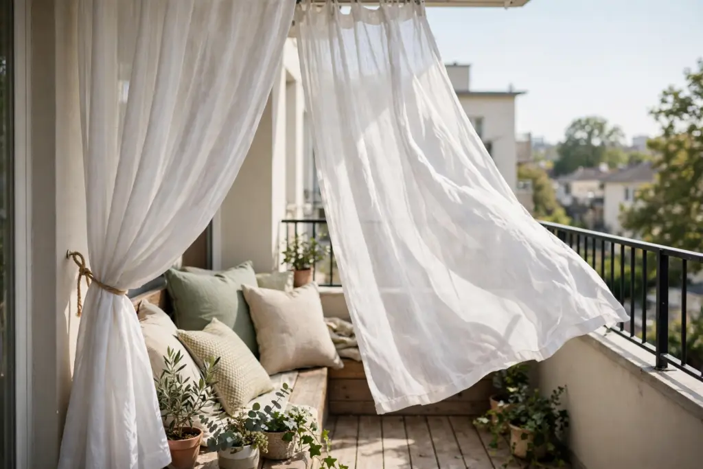 White outdoor curtains on a tension rod over a small balcony seating area — apartment balcony privacy ideas that open and close