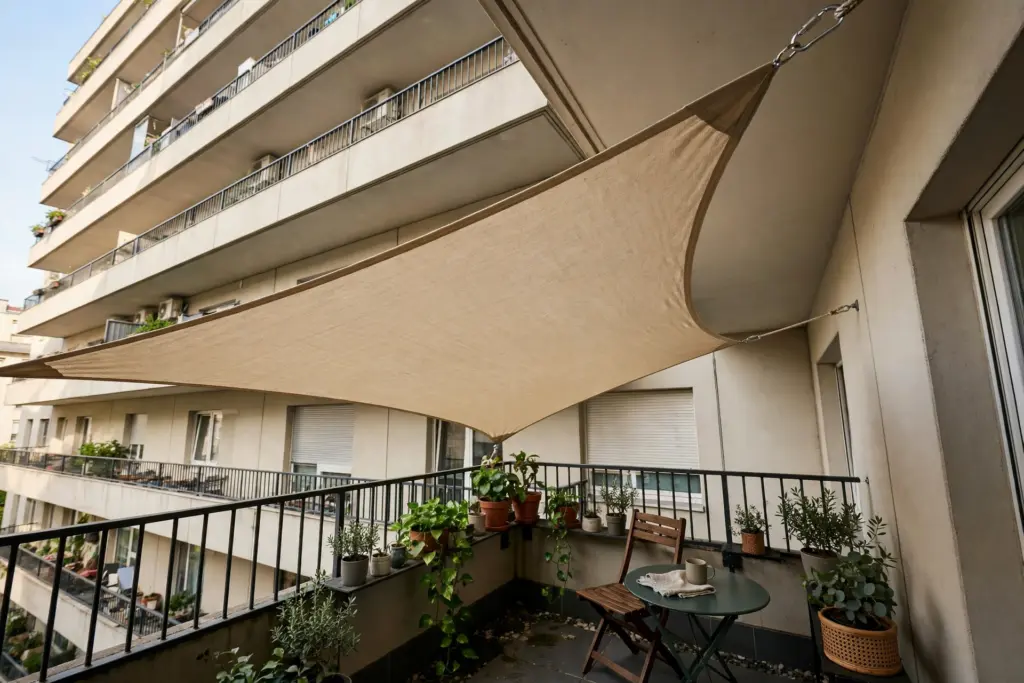 Angled shade sail stretched above a small apartment balcony with seating below — apartment balcony privacy ideas for being overlooked from above