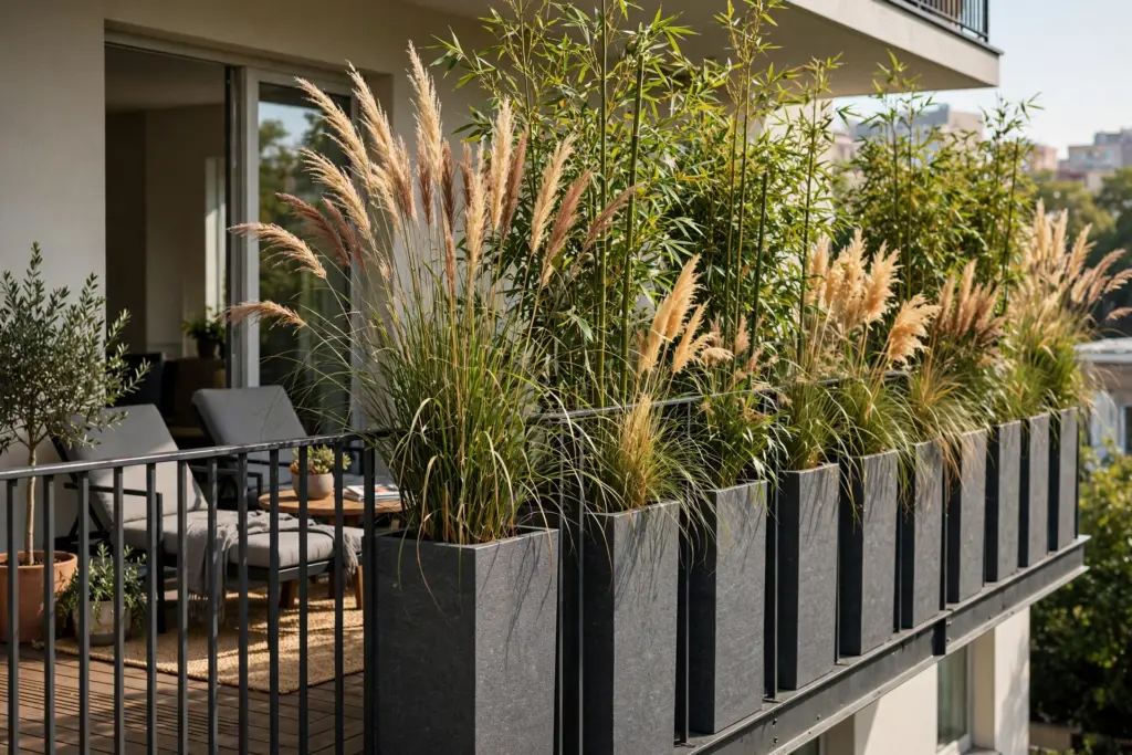 Tall planters with ornamental grasses and bamboo along a balcony railing — apartment balcony privacy ideas with living plants