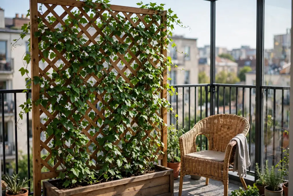 Freestanding wooden trellis with climbing ivy in a planter box on an apartment balcony — apartment balcony privacy ideas for the side view