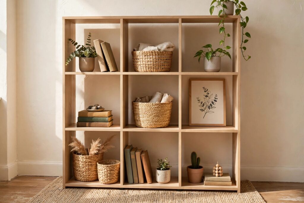 Freestanding cube shelving styled with books, plants and baskets