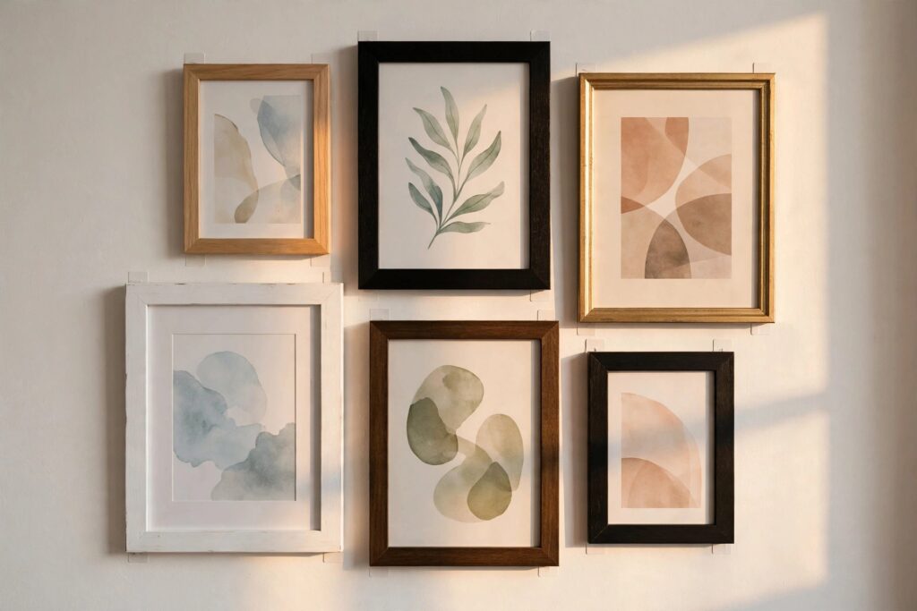 Gallery wall of framed art hung with adhesive strips, no nails