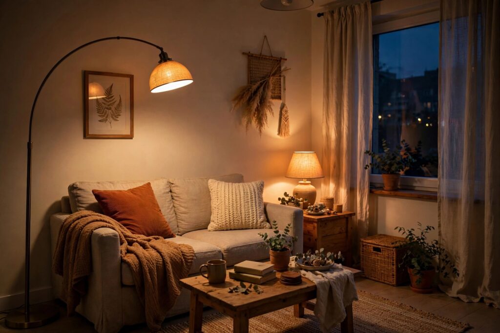 Warm floor lamp and table lamp glowing in an apartment living room