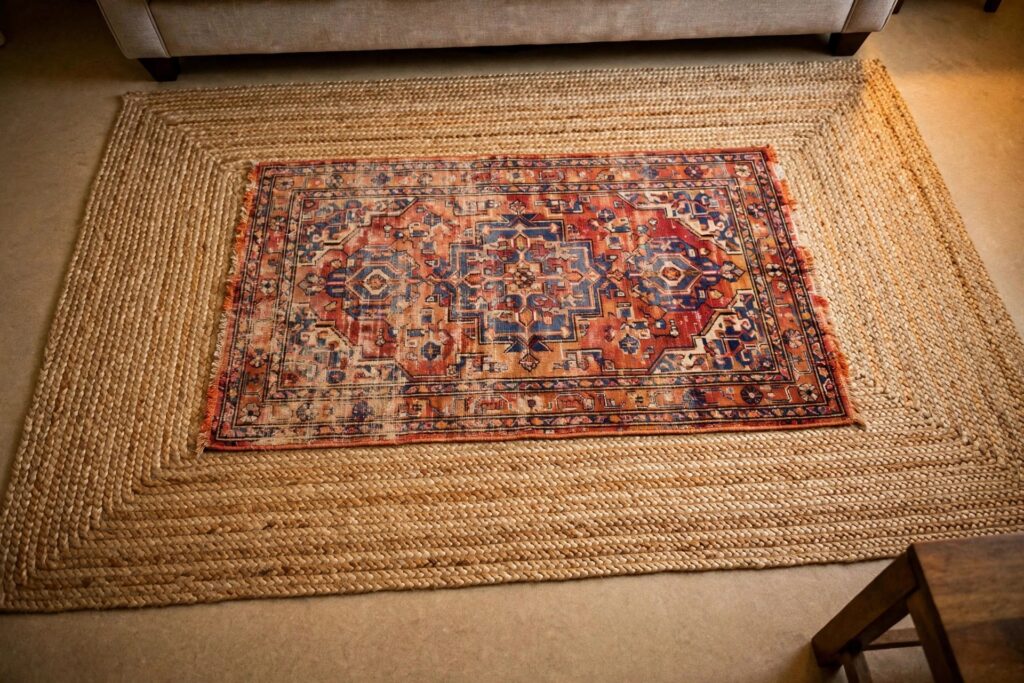 Layered jute and vintage area rugs over rental apartment flooring