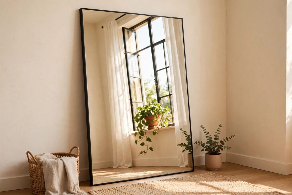Large floor mirror leaning against a wall, reflecting a window