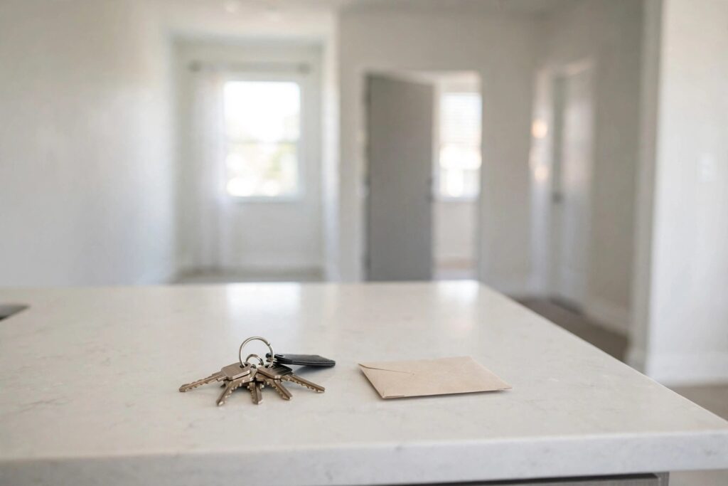Apartment keys on a countertop in a clean rental at move-out