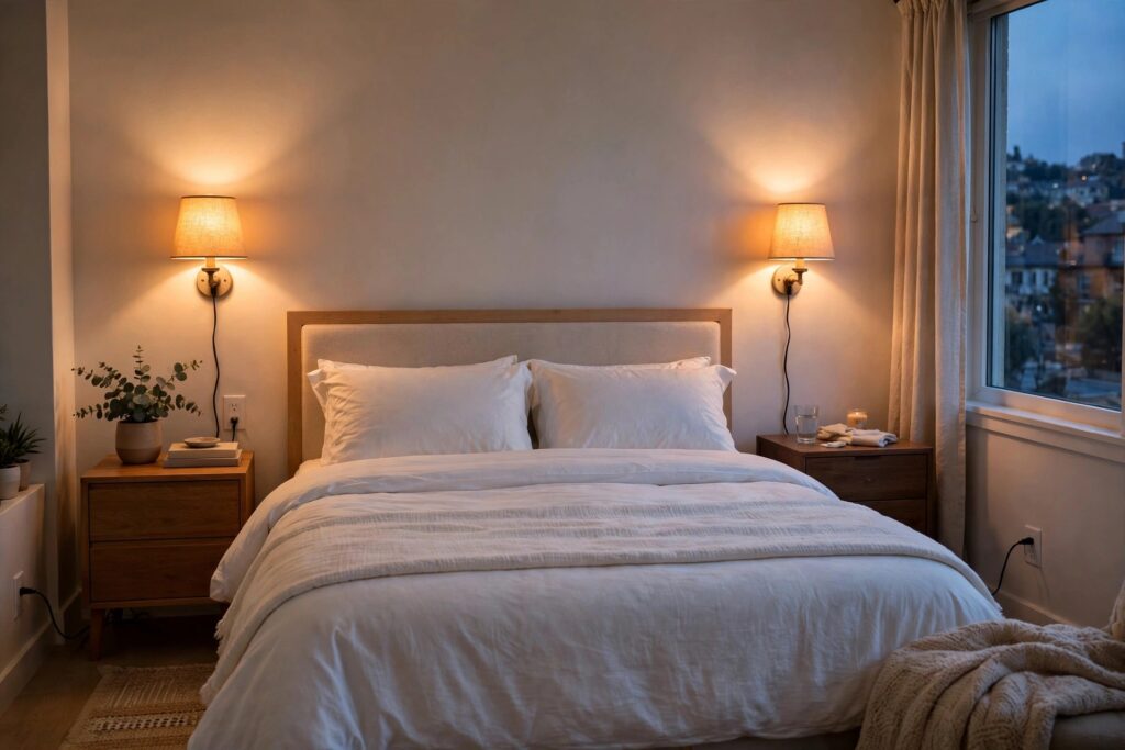 Plug-in wall sconces with warm shades flanking a bed, no wiring