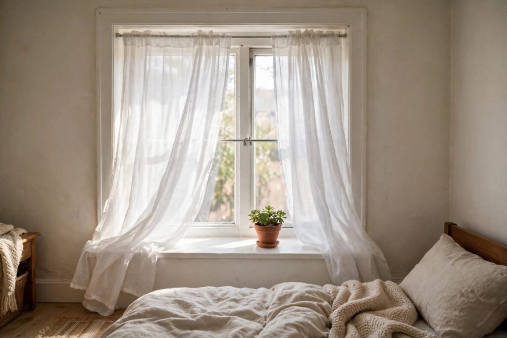 White curtains on a tension rod inside an apartment window frame