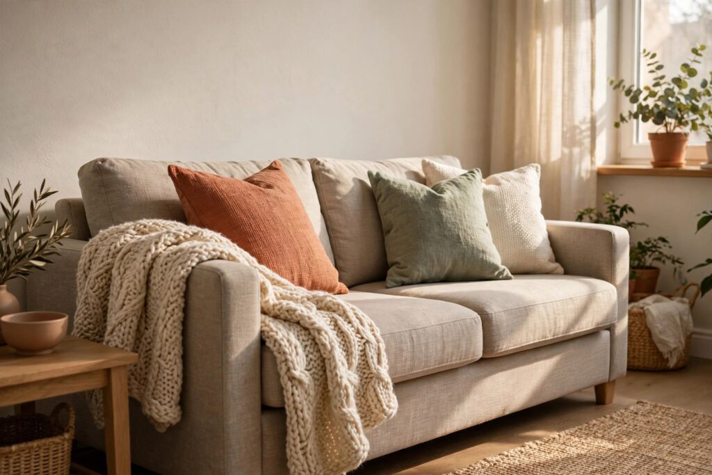 Sofa with terracotta and sage throw pillows and knit throw blanket