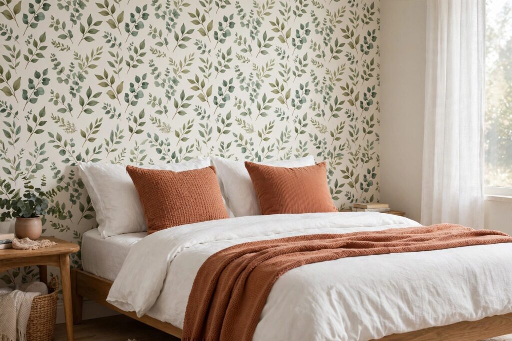 Peel-and-stick botanical wallpaper accent wall in a rental bedroom