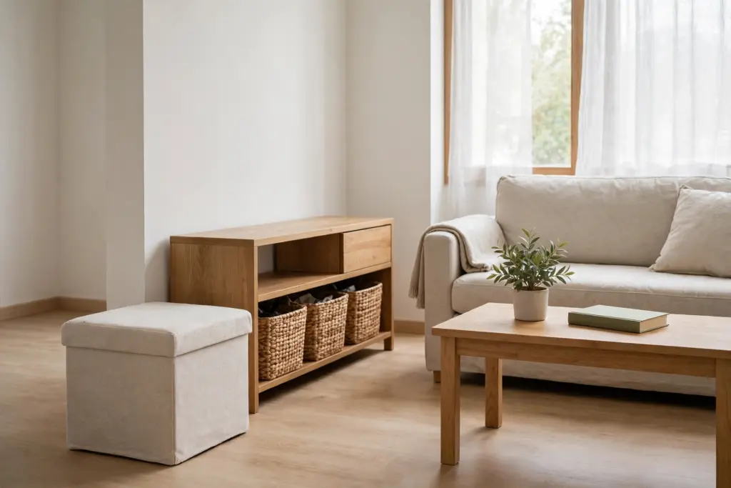Mostly clear surfaces with a storage ottoman and baskets hiding everyday clutter in a small apartment