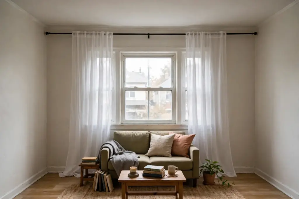 Sheer curtains hung high near the ceiling and wide on a tension rod to make a small apartment look bigger and taller