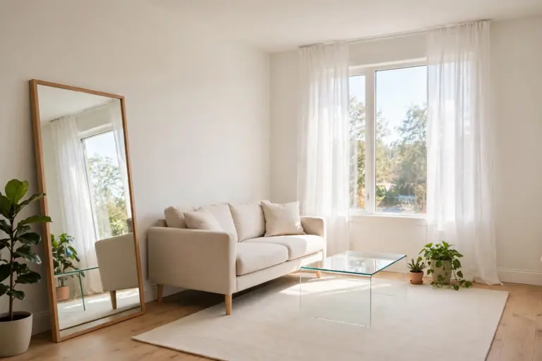 Bright small apartment living room with a large mirror, sheer high curtains and a leggy sofa — how to make a small apartment look bigger