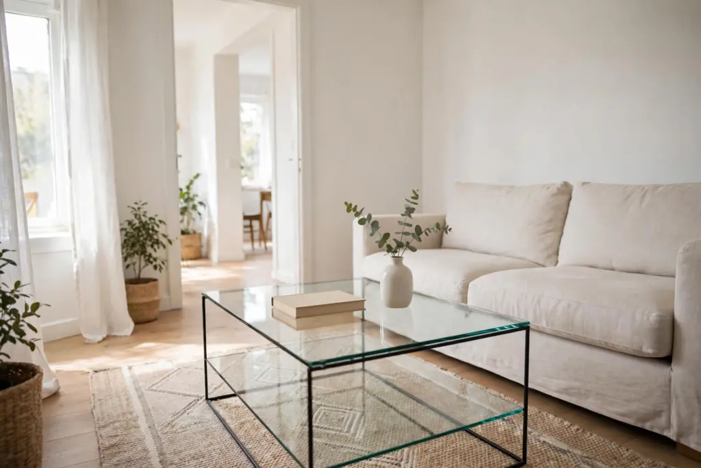 Clear glass coffee table showing the rug and floor through it in a bright small apartment living room