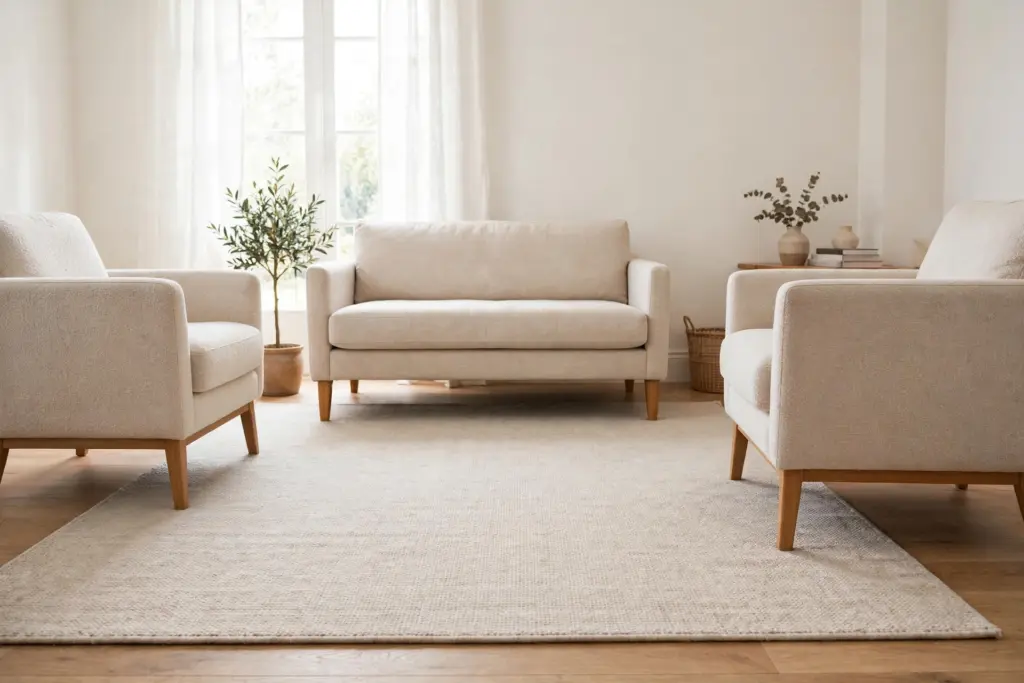 One large light rug anchoring a seating zone with the front legs of the sofa and chairs on it in a small apartment