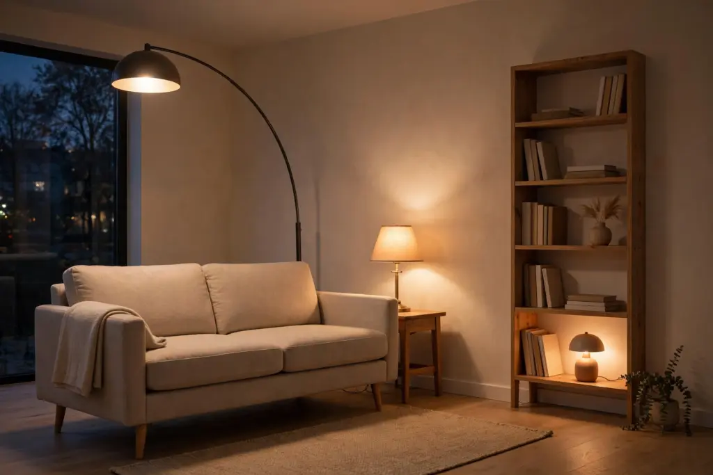 Small living room with layered lighting at three heights from an arc floor lamp, table lamp and low shelf lamp