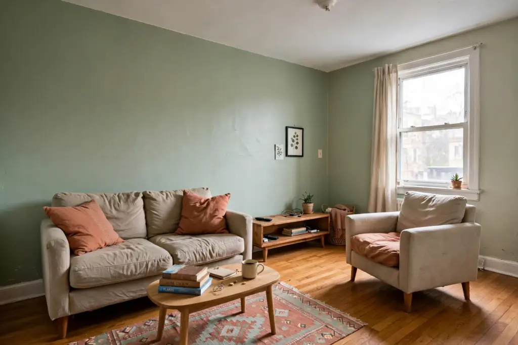 Leggy raised sofa, armchair and media console showing open floor underneath in a small apartment living room