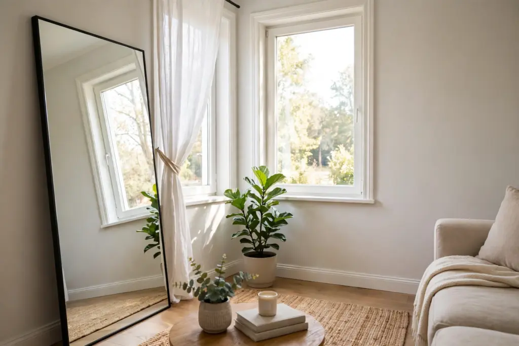 Large leaning mirror beside a window reflecting daylight in a small apartment — how to make a small apartment look bigger with reflected light
