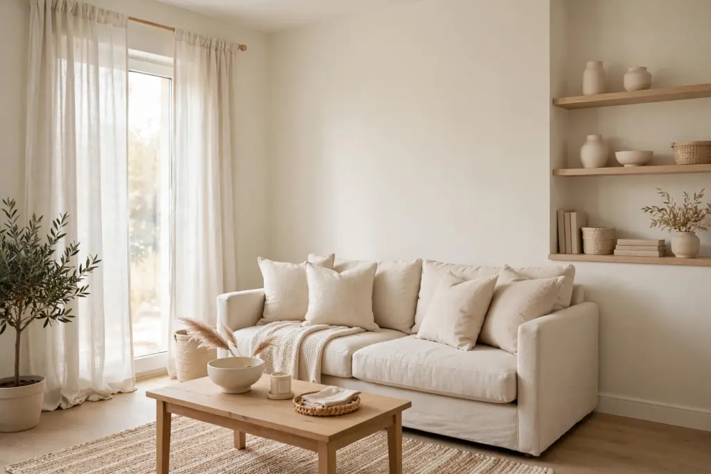 Calm tonal palette of cream and warm white textiles in a small apartment living room that feels bigger and uncluttered