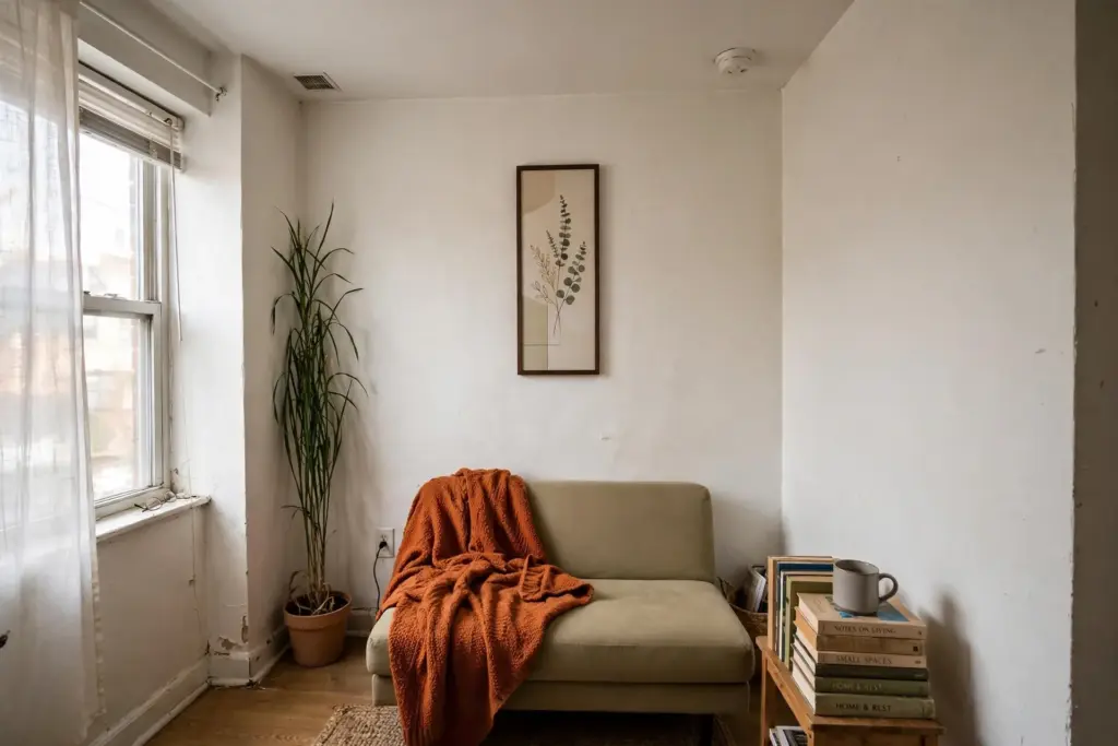 One tall vertical art print and a tall plant drawing the eye upward above a low-profile sofa in a small apartment
