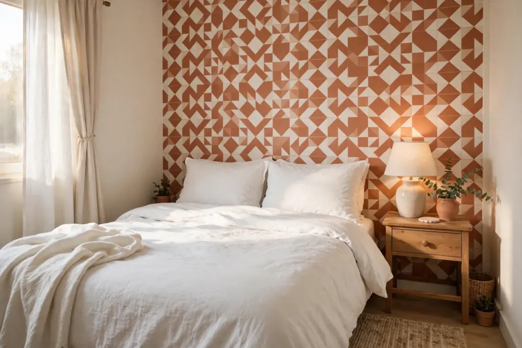 Terracotta geometric peel-and-stick wallpaper accent wall behind a bed in a small rental bedroom