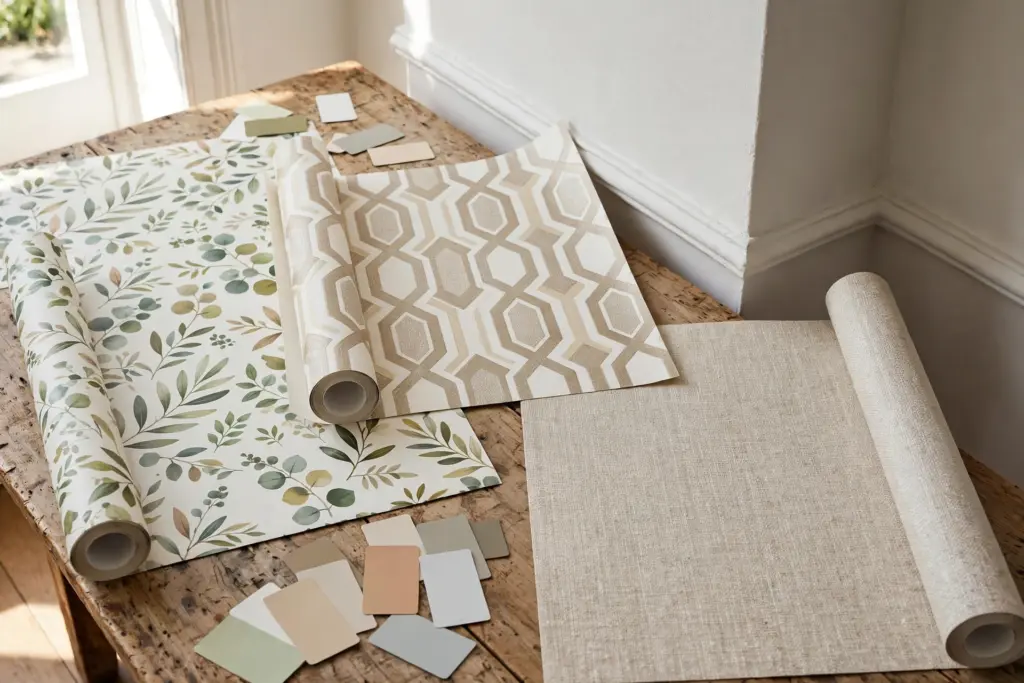 Rolls and samples of peel and stick wallpaper for renters in botanical, geometric, and linen patterns on a wooden table