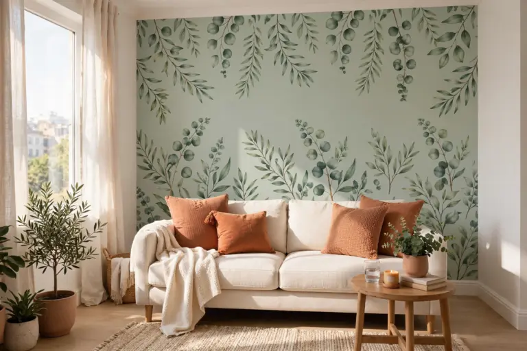 Sage botanical peel-and-stick wallpaper accent wall behind a cream sofa in a small rental living room