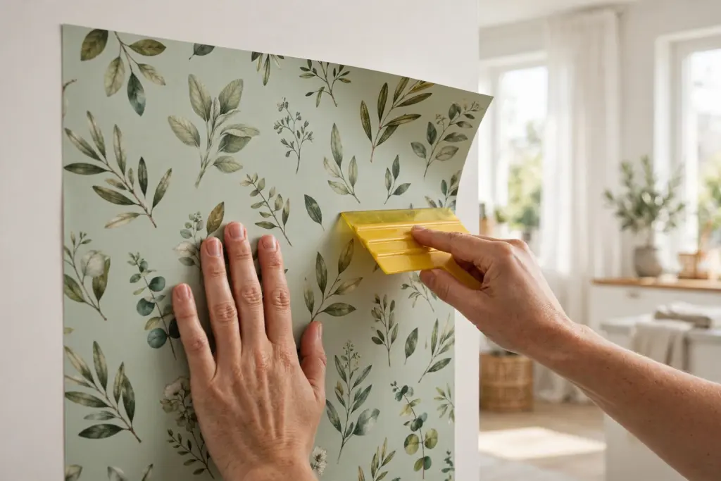 Smoothing a botanical peel-and-stick wallpaper panel onto a wall with a plastic squeegee