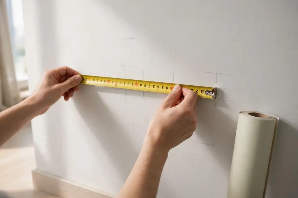 Measuring a smooth apartment wall with a tape measure before ordering peel-and-stick wallpaper