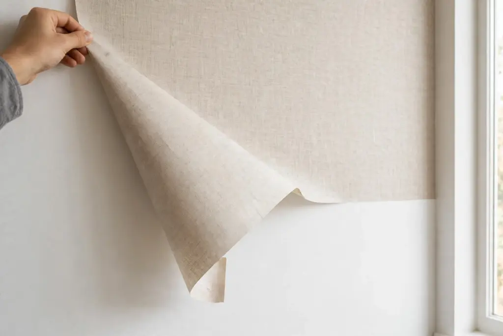 Peeling a whole sheet of peel-and-stick wallpaper cleanly away from a white wall, revealing undamaged paint