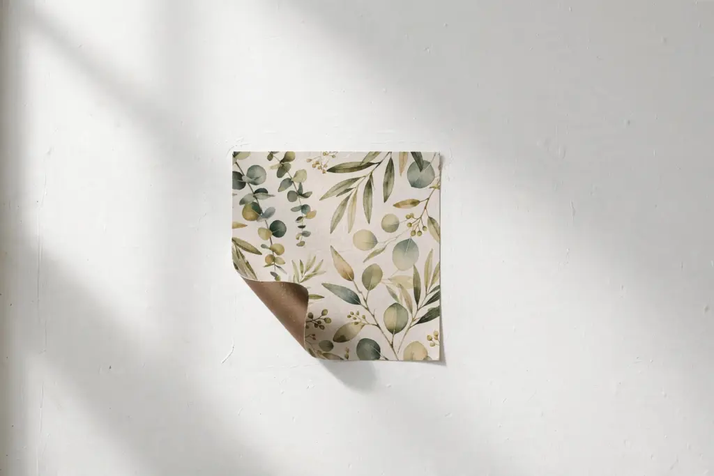 A sample of botanical peel-and-stick wallpaper on a smooth white rental wall as a test spot