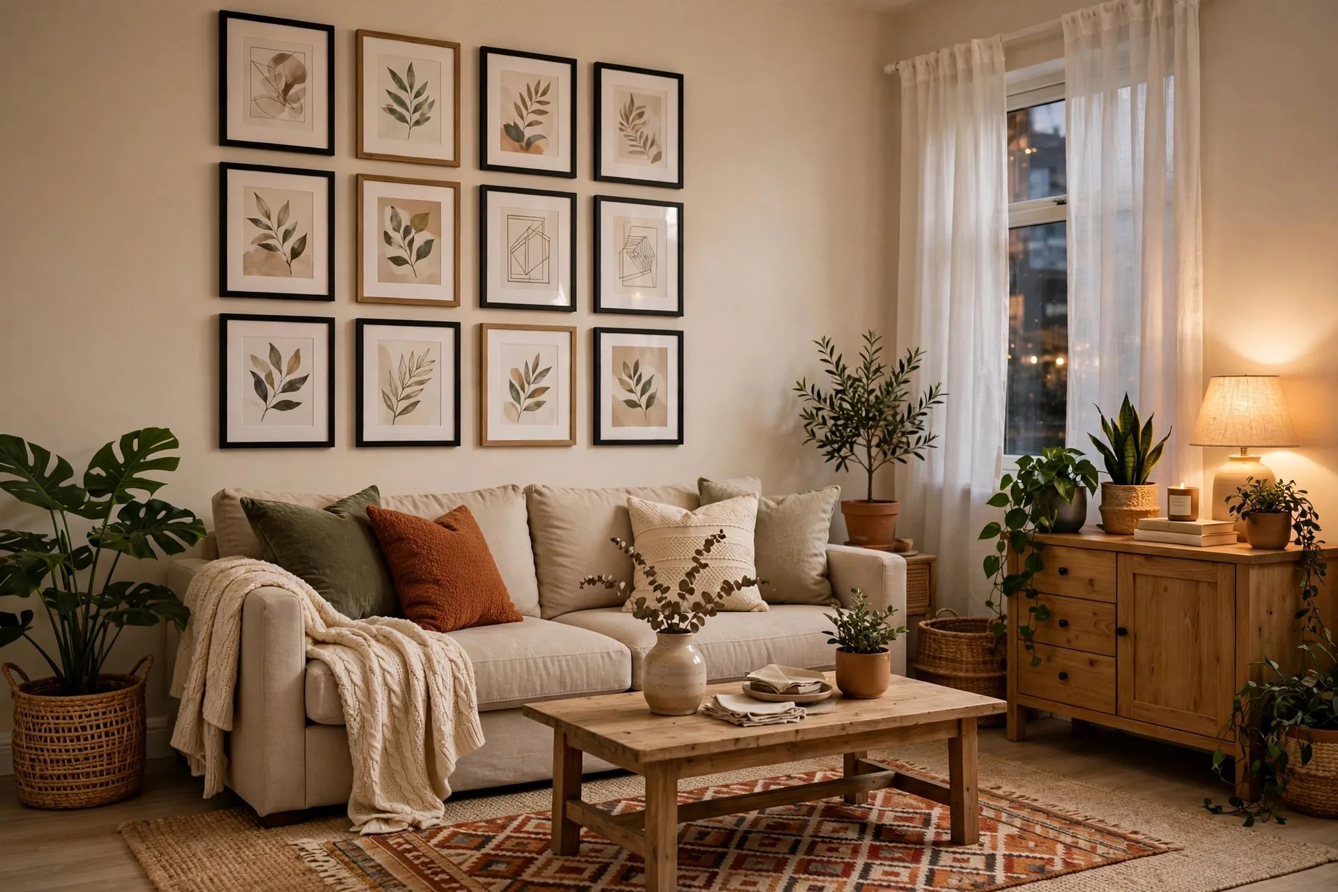 Renter friendly apartment living room with gallery wall, layered rugs and plants - no drilling required