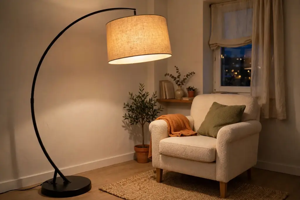 Arc floor lamp with a fabric shade curving over a reading armchair in a rental living room