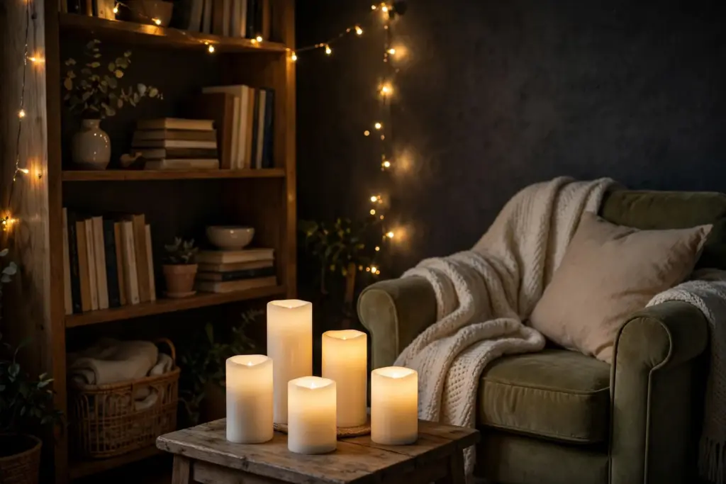 Flameless LED pillar candles and warm string lights glowing in a cozy apartment corner